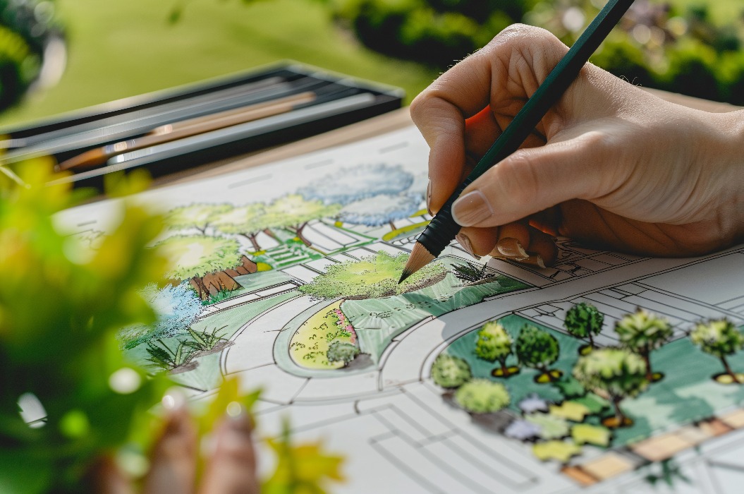 Female hand with pencil drawing landscape architect