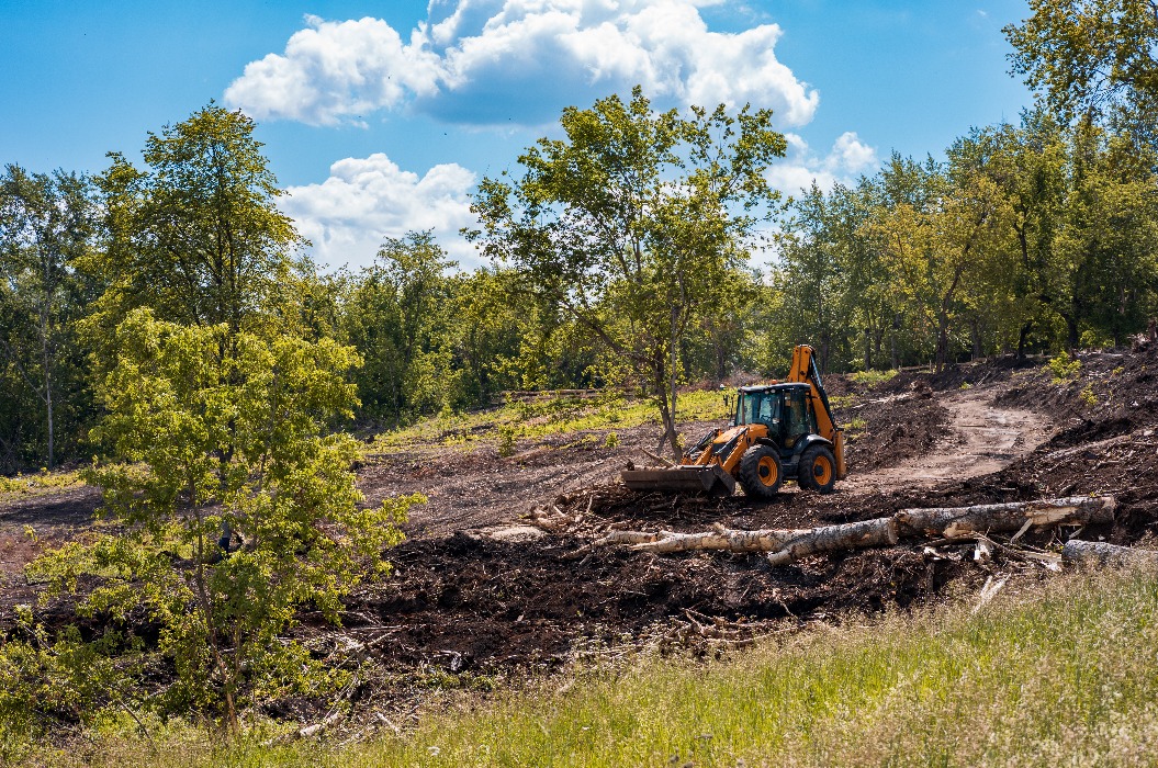 ein Traktor mit einer Schaufel räumt Äste aus und säubert den Park
