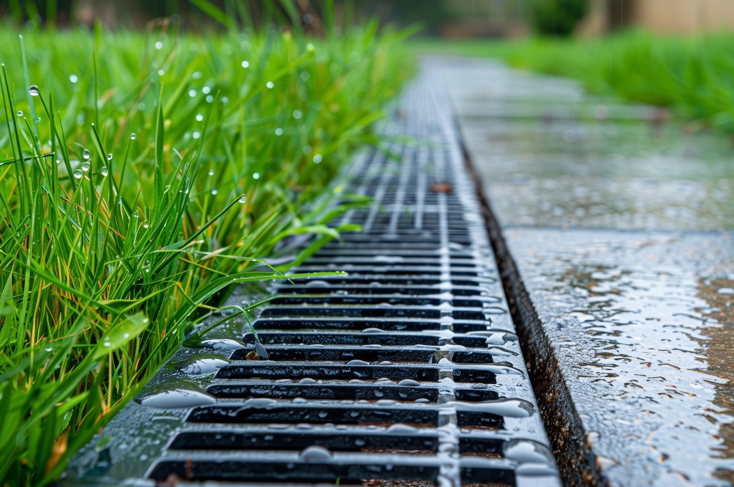 Eisengitter eines Entwässerungssystems für die Ableitung von Regenwasser von einem Fußgängerweg in der Nähe einer grünen Wiese.