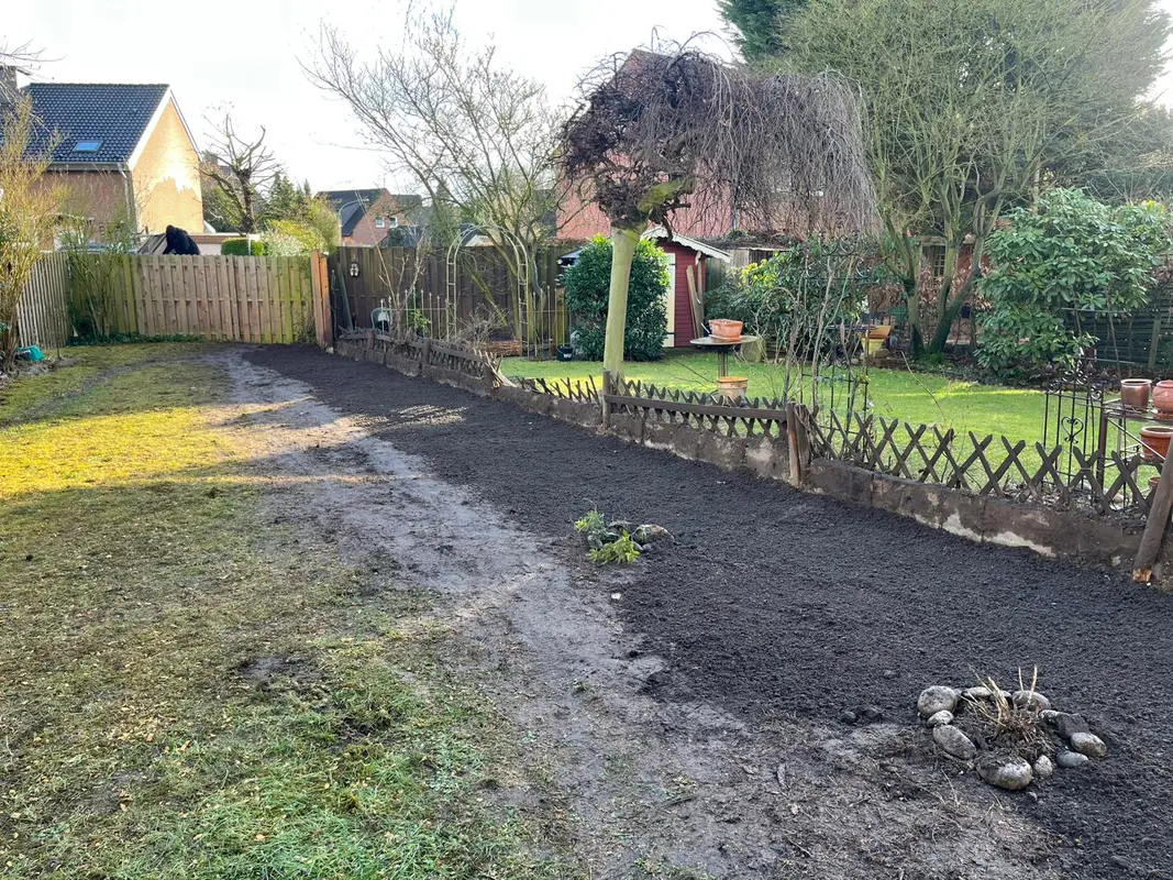 Ruhiger Garten mit dunklem Beetstreifen, gruenen Baeumen und Zaun