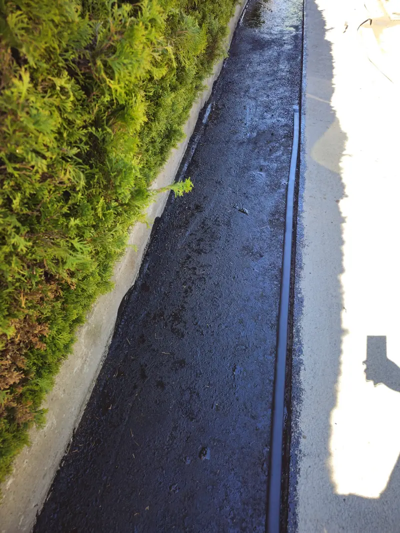 Schatten einer Person, sonniger Weg neben grüner Hecke, dunkle Pfütze